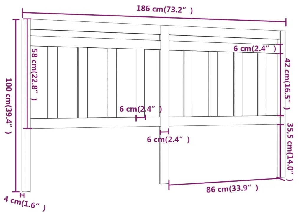 Testiera per letto nera 186x4x100 cm in legno massello di pino