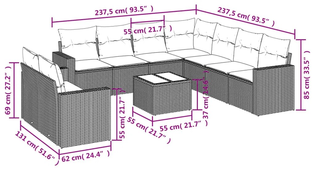 Set divano da giardino 10 pz con cuscini grigio in polyrattan