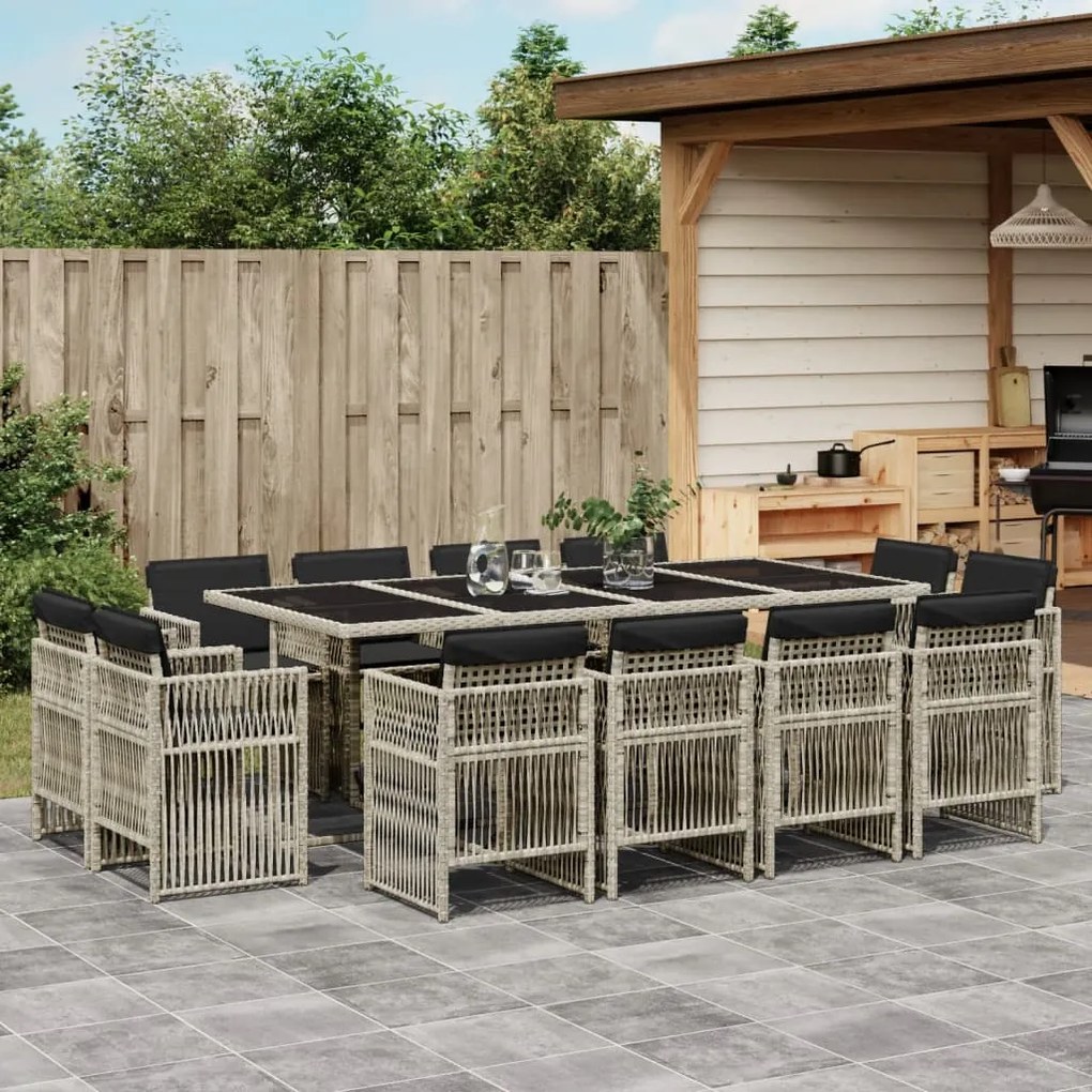 Set da pranzo da giardino 13pz con cuscini grigio in polyrattan