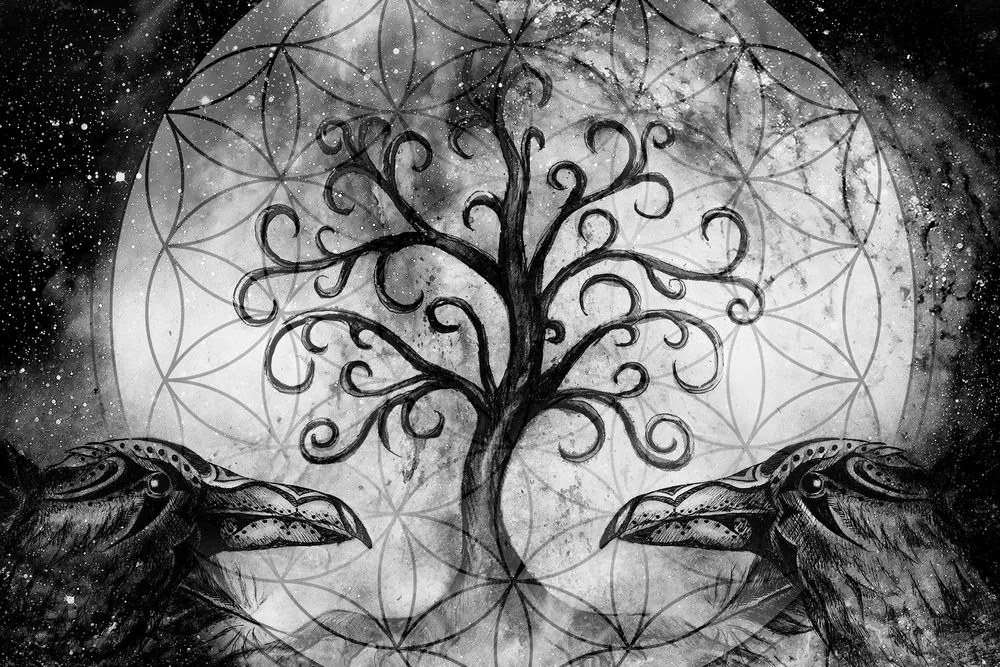 Stampa su tela – Albero della vita magico in bianco e nero