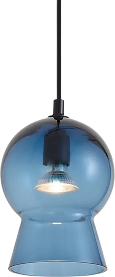 Lampada a sospensione retrò nera con vetro blu per sistema a binario monofase - Iconic Bell