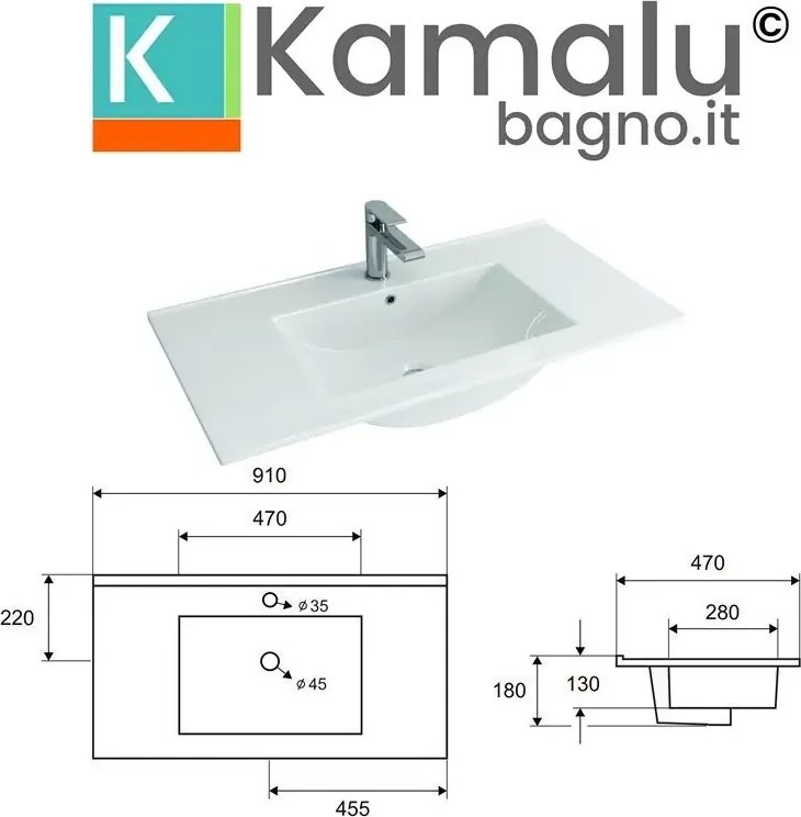 Mobile bagno 90 cm lavabo incasso e due cassetti NEL-90 - KAMALU