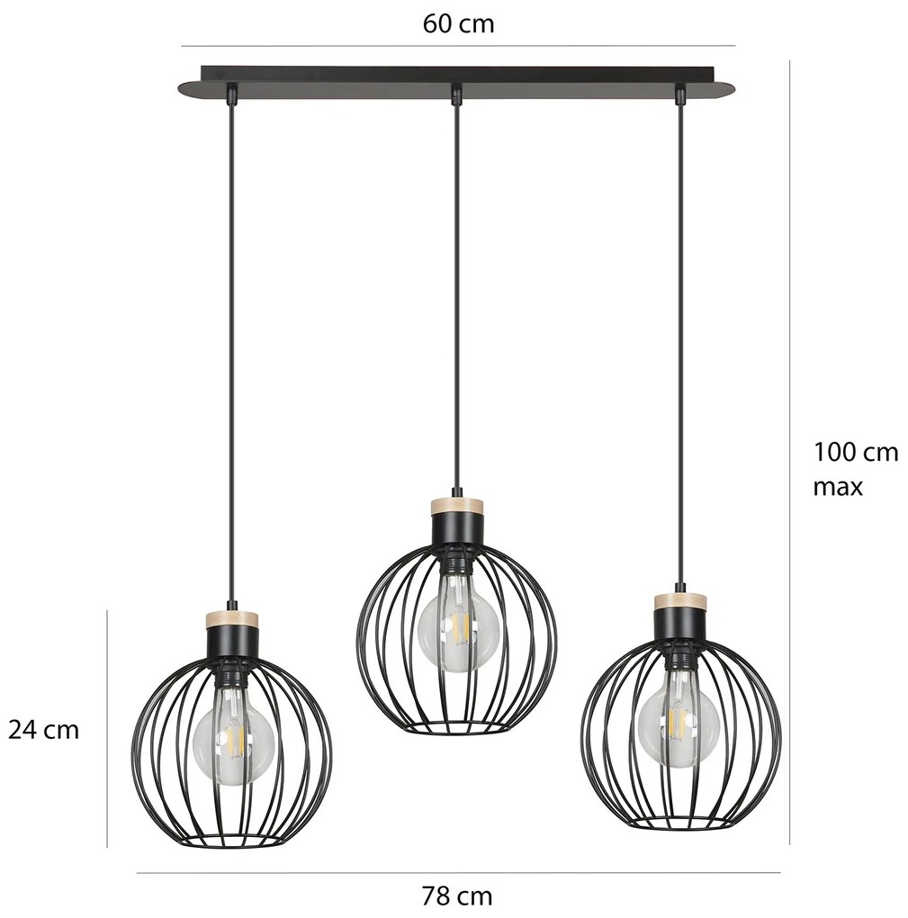 Lampadario 3 Luci Morgana Paralumi A Gabbia In Acciaio Nero E Legno Naturale