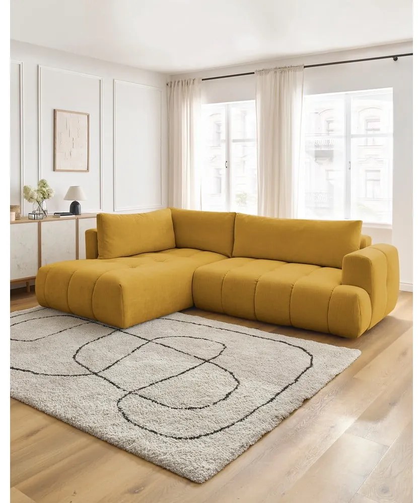 Divano angolare color senape allungabile e con contenitore (penisola a sinistra/a L) con rivestimento in ciniglia Fuji – Bobochic Paris