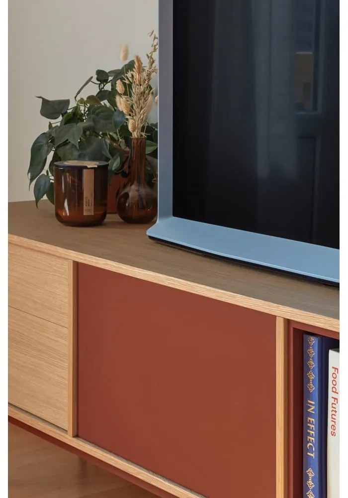 Cassettiera TV rosso mattone con impiallacciatura in rovere Yoko - Teulat