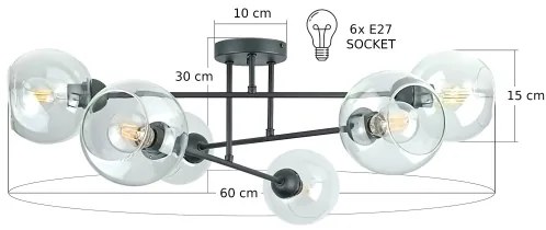 Lampadario a sospensione con supporto rigido VASCO 6xE27/60W/230V nero/limpido
