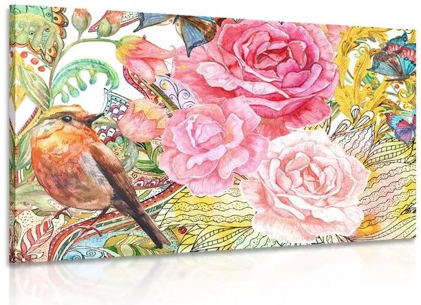 Quadro su tela – Uccellino vintage con fiori