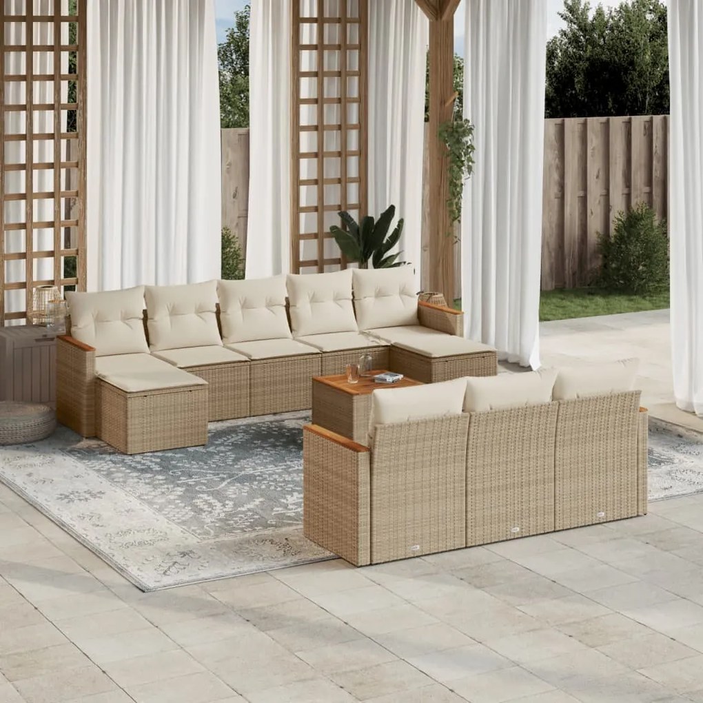 Set divani da giardino 11 pz con cuscini beige in polyrattan