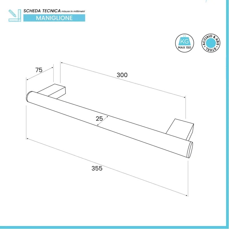 Maniglione di sicurezza per disabili 35,5 cm cromo in acciaio inox max 150kg