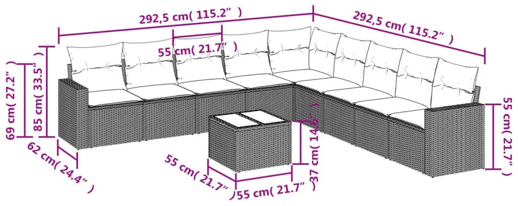 Set divano da giardino 10 pz con cuscini grigio in polyrattan