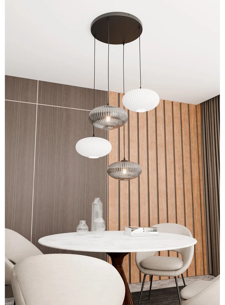 Lampadario 4 Luci Iris Base Tonda In Acciaio Nero Paralume Plissè Multicolor