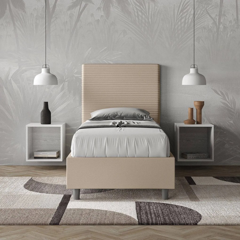 Letto singolo senza rete, con rete e contenitore imbottito similpelle Focus, Tortora / Con Rete