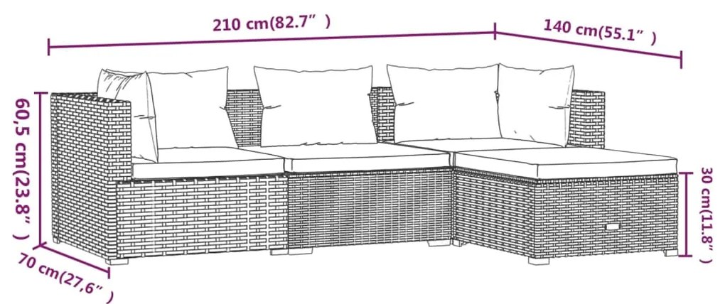 Set Divani da Giardino 4 pz con Cuscini in Polyrattan Nero