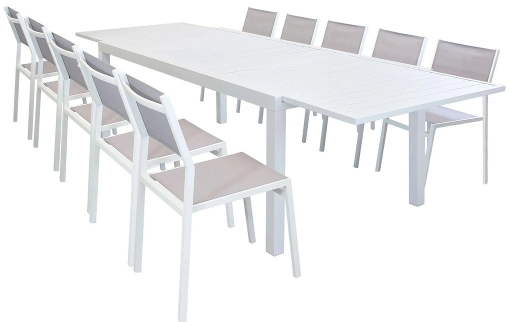 DEXTER - set tavolo in alluminio e teak cm 200/300 x 100 x 74 h con 10 sedie Aulus