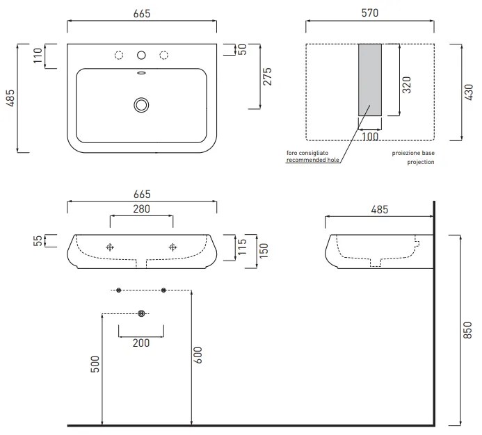 Cielo shui lavabo 66x48 sospeso o da appoggio con troppopieno in ceramica bianco lucido