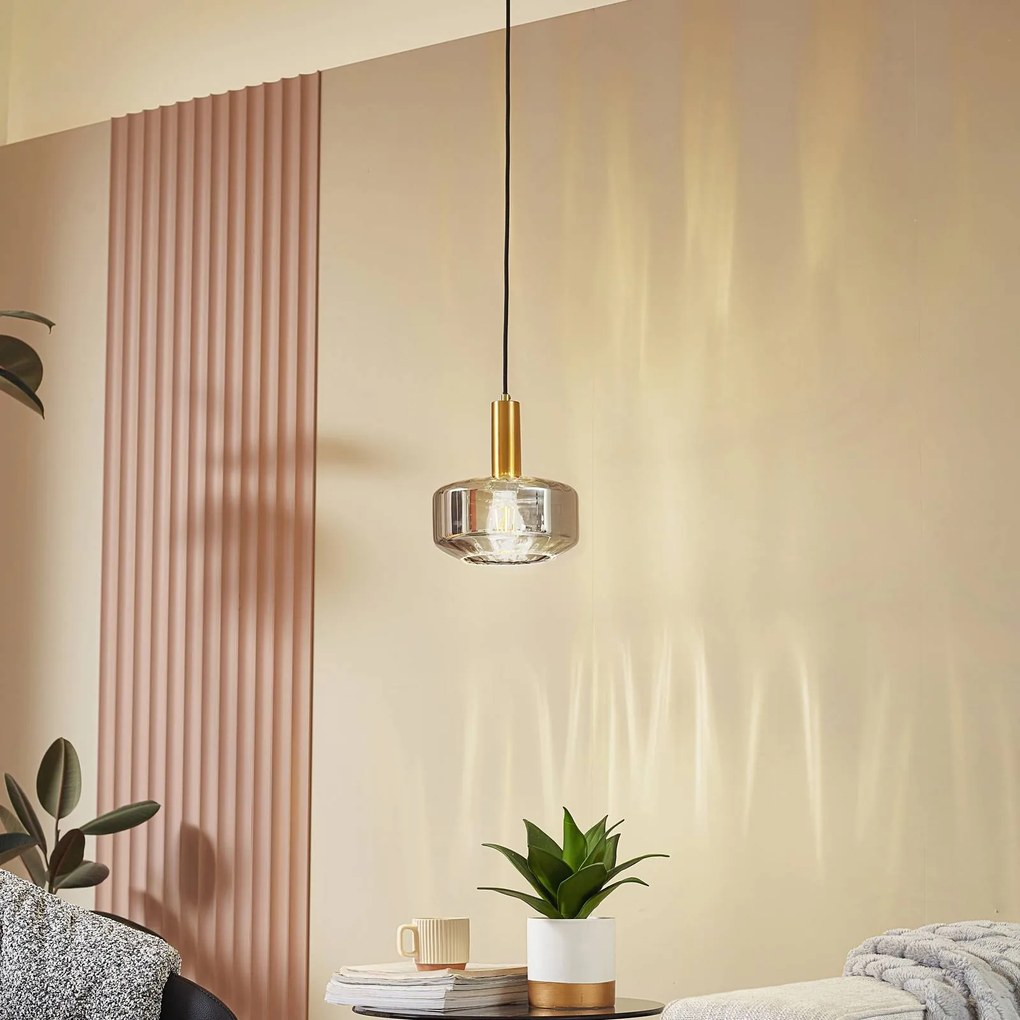 Lampada a sospensione in vetro Hildur Lindby, dimmerabile, Alluminio / Grigio / Zincato, Soggiorno / Sala da pranzo, Vetro, Lampada a sospensione