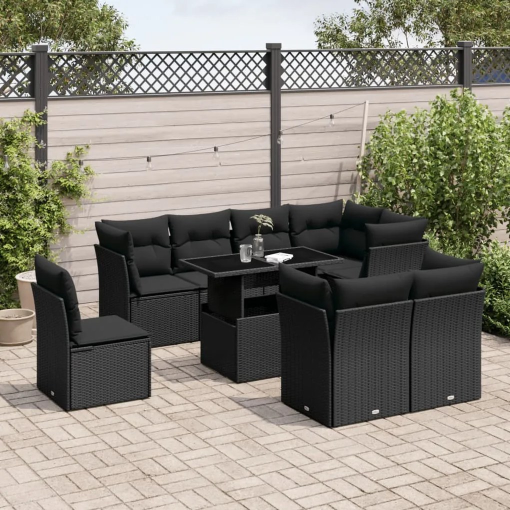 Set divani da giardino 9 pz con cuscini nero in polyrattan