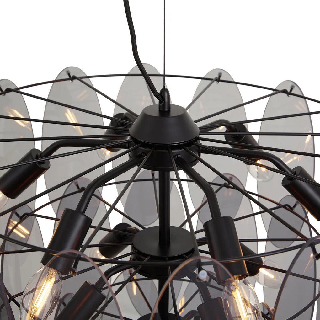 Lampada a Sospensione Art Déco Nera con Vetro Fumé Ovale 14 Luci - Mochan