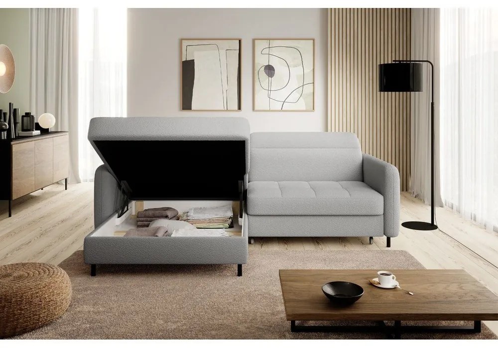 Divano angolare grigio allungabile/con contenitore (con penisola a sinistra/con chaise lounge) e rivestimento in bouclé Gomsi – ELTAP