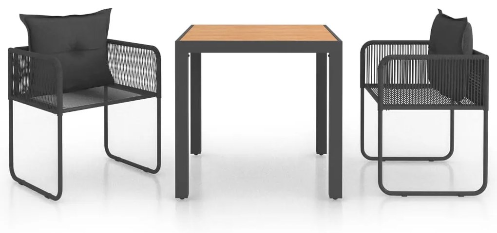 Set da pranzo da giardino 3 pz in rattan pvc nero e marrone