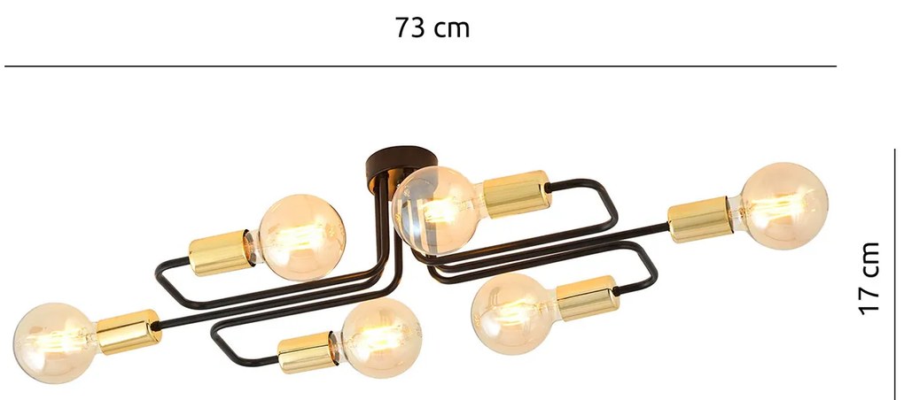 Plafoniera Industriale 6 Luci Diomede In Acciao Nero E Rame A Bracci
