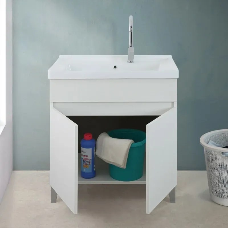 Mobile lavatoio 79x46,8 cm bianco frassinato con vasca in ceramica bianca