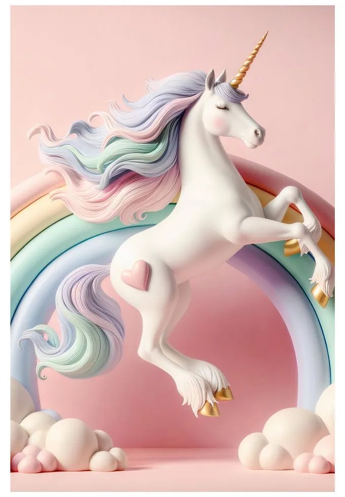 Quadro su tela – Mondo rosa con unicorno e arcobaleno