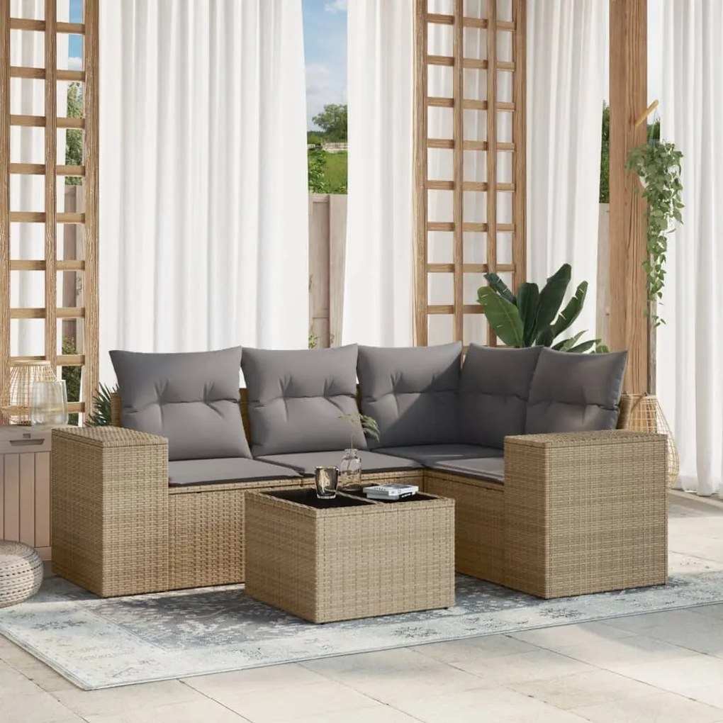 Set divano da giardino 5 pz con cuscini beige in polyrattan