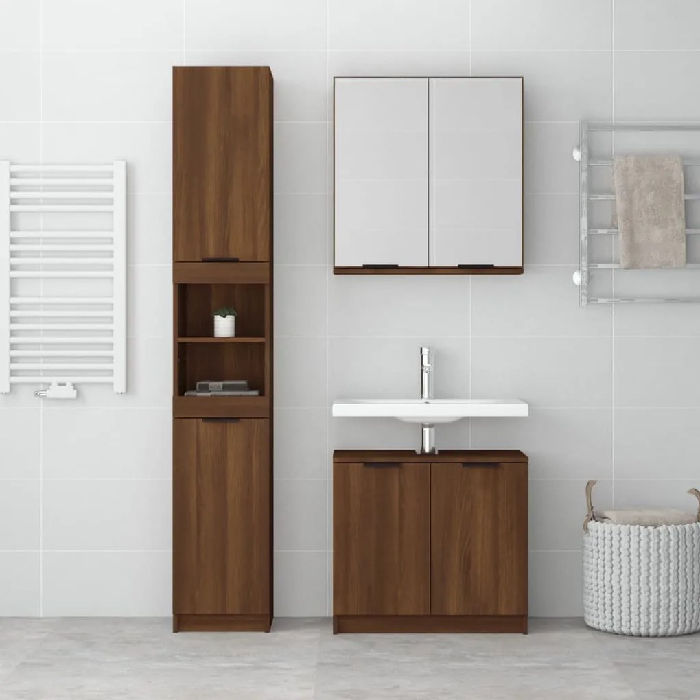 Set mobili da bagno 3 pz rovere marrone in legno multistrato