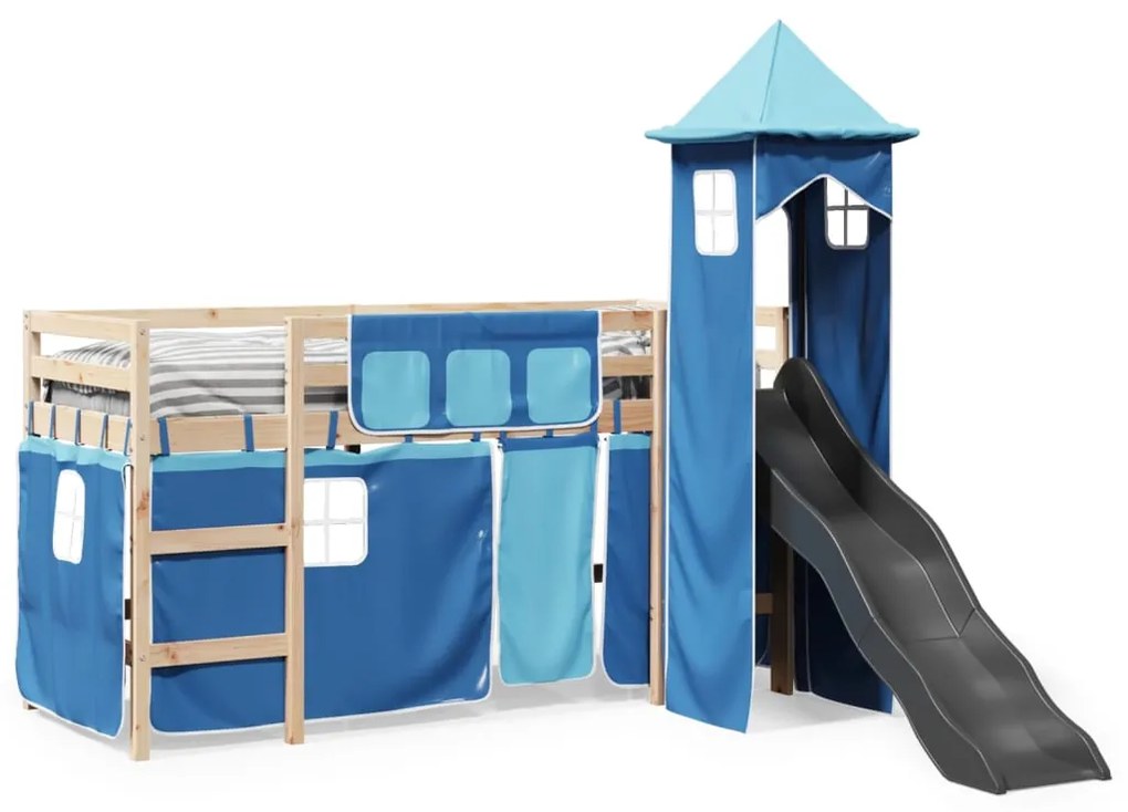 Letto a soppalco con torre bambini blu 90x190cm massello pino