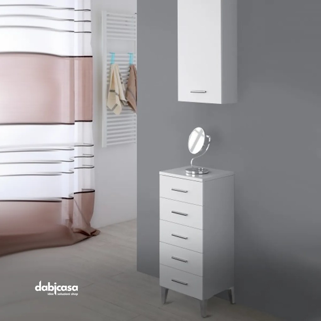 Mobile Bagno Da Terra "Stella" Da 35 Cm Composto Da Cinque Cassetti Finitura Bianco Lucido