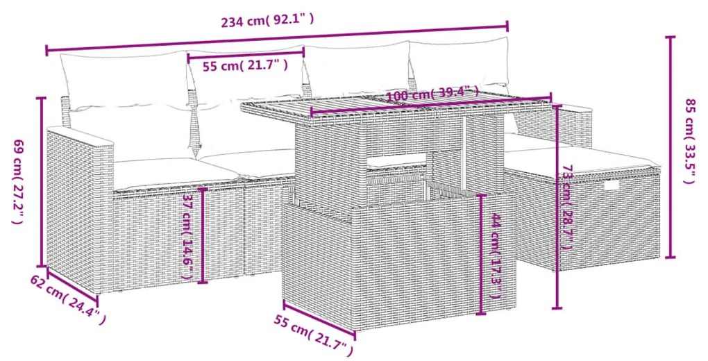 Set divano da giardino 6 pz con cuscini nero in polyrattan