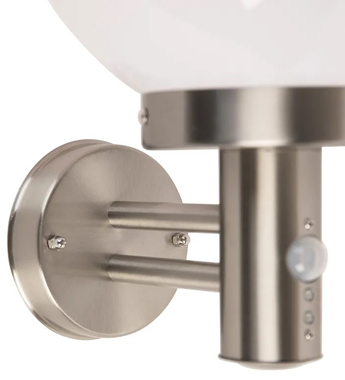 Lampada da parete per esterni in acciaio inossidabile IP44 con sensore di movimento e globo in plastica - Sfera