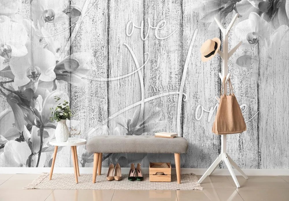 Carta da parati – Natura in Bianco e Nero con Scritta - Love begins at home