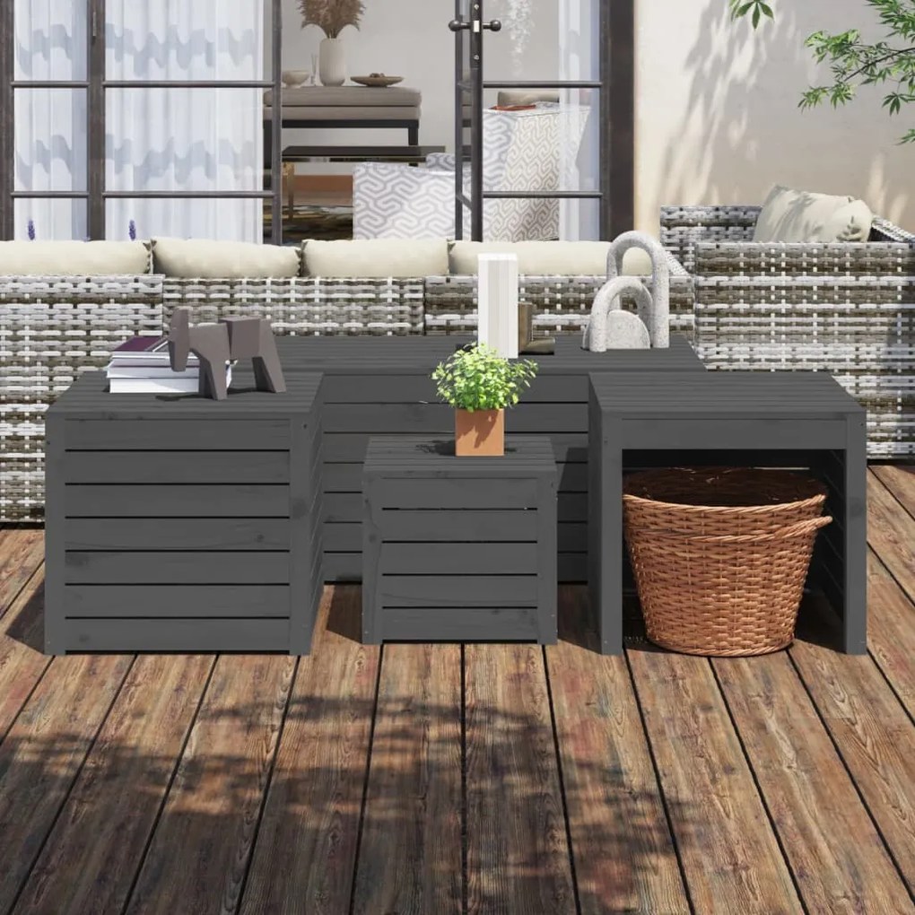 Set Cassette Da Giardino 4 Pz Grigio İn Legno Massello Di Pino /