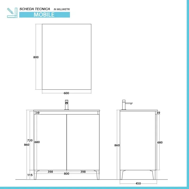 Mobile bagno a terra 80 cm rovere africa con 2 ante soft-close Kleo