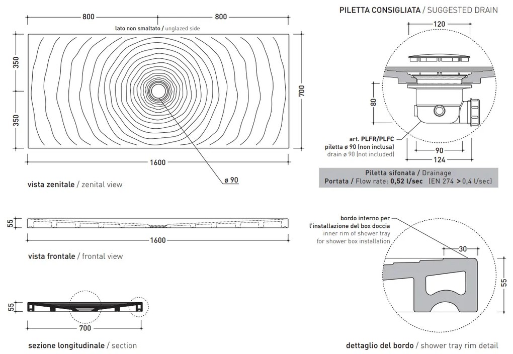 Ceramica Flaminia Water Drop Piatto doccia 160x70 da appoggio incasso filo pavimento in ceramica bianco