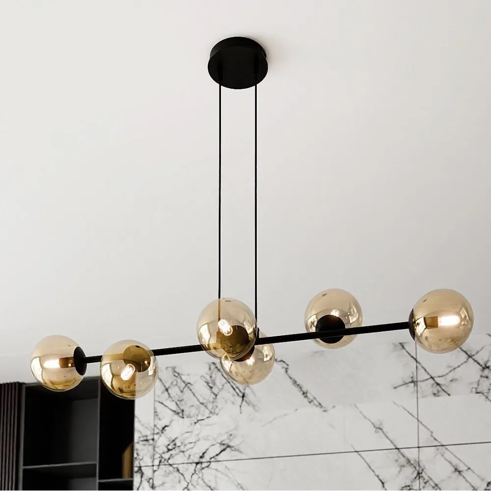Lampadario a Sospensione in Acciaio e Vetro ROSSI 6 Nero 6xE14 Colore delle Sfere Ambrate