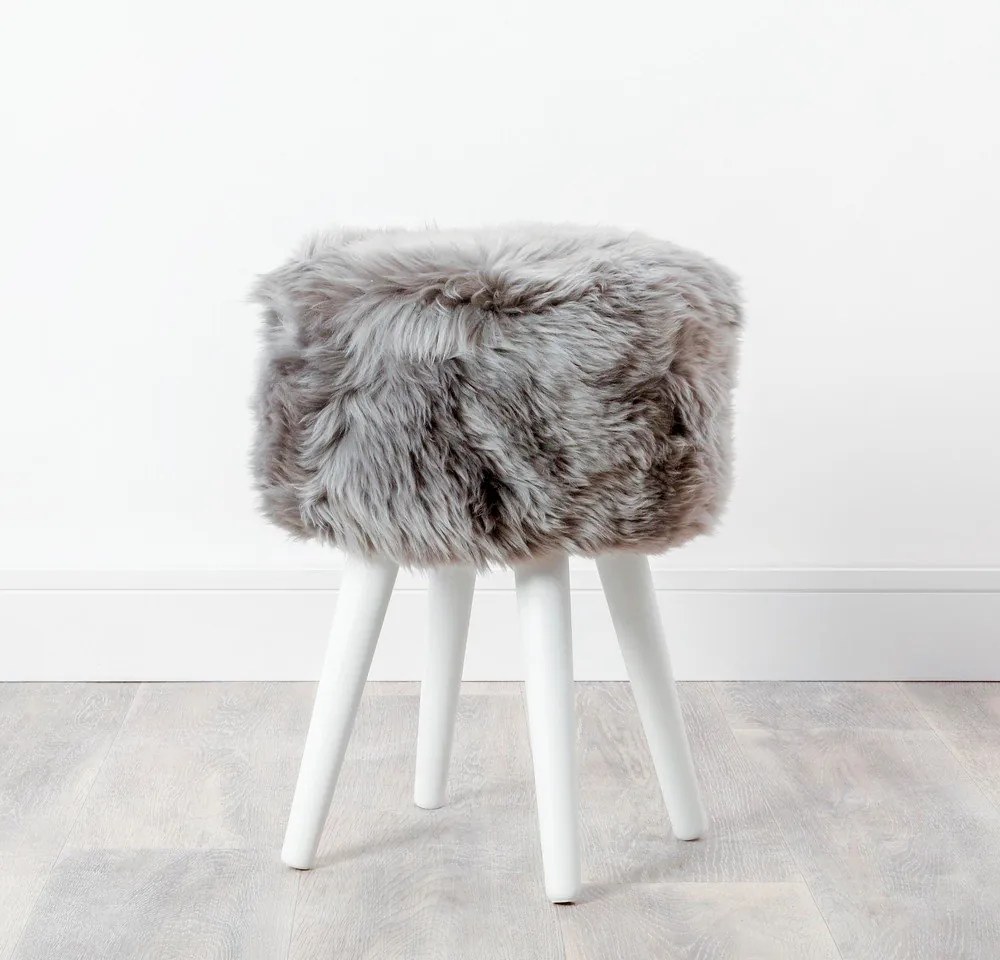 Sgabello con seduta in pelle di pecora grigia Bianco, ⌀ 30 cm - Native Natural