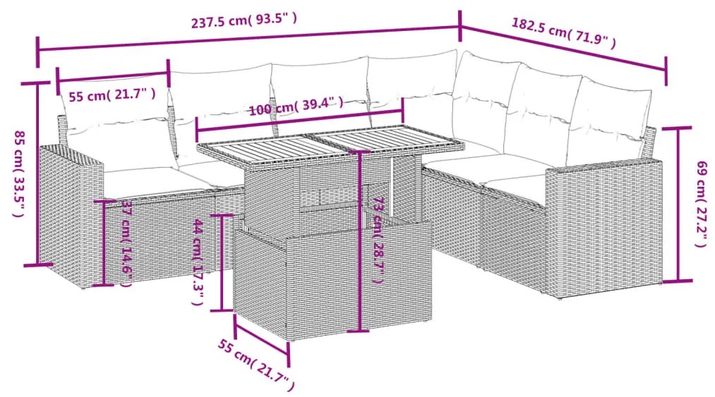 Set divani da giardino 7 pz con cuscini beige in polyrattan