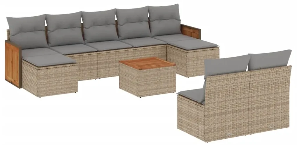 Set divano da giardino 10 pz con cuscini beige in polyrattan