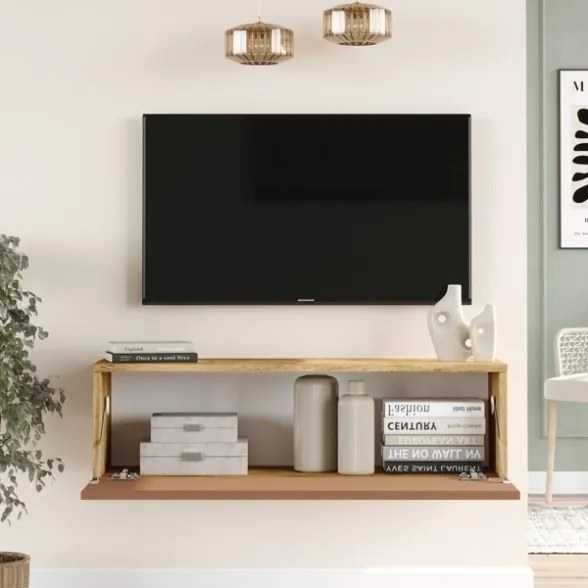 Mobile TV Sospeso 100x32x30 Rosso E Rovere Effetto Legno Con Vano Frame