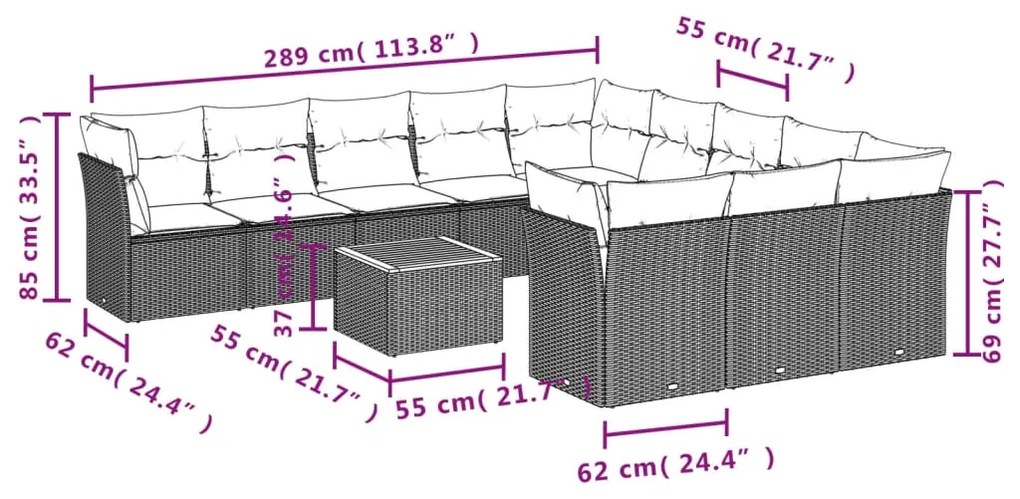 Set divani da giardino 12 pz con cuscini grigio in polyrattan