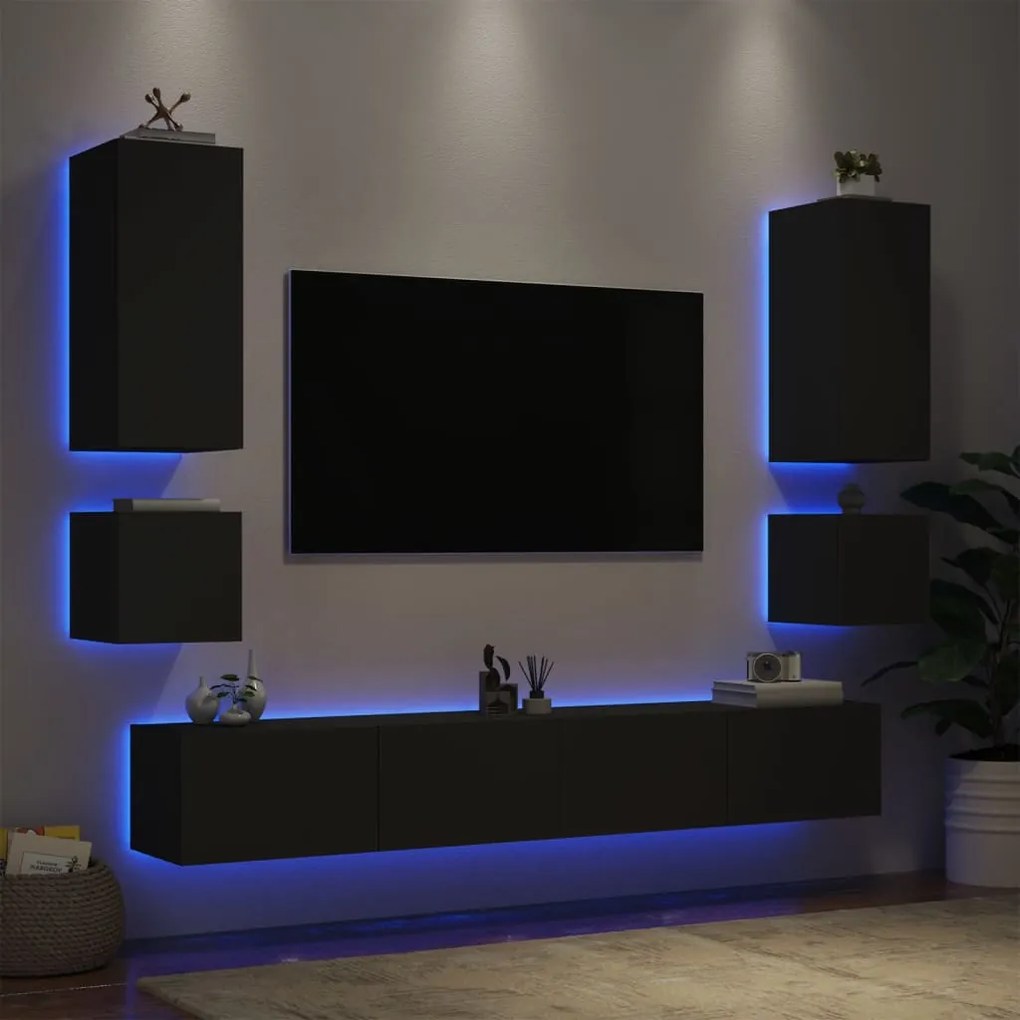 Mobili Tv A Muro 6pz Con Luci Led Neri /