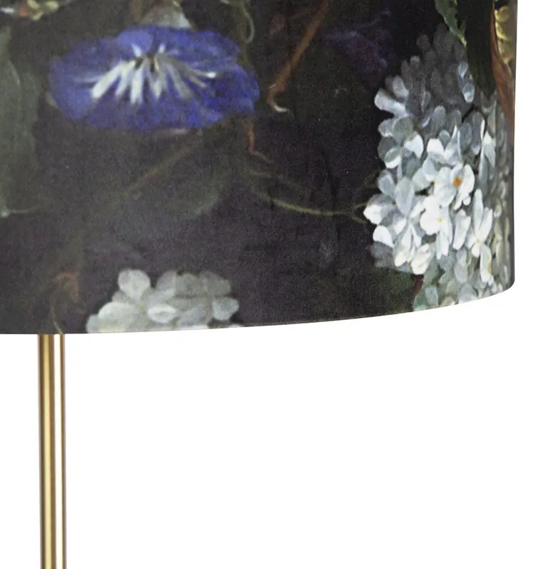 Lampada da terra oro/ottone con paralume in velluto a fiori 40/40 cm - Parte