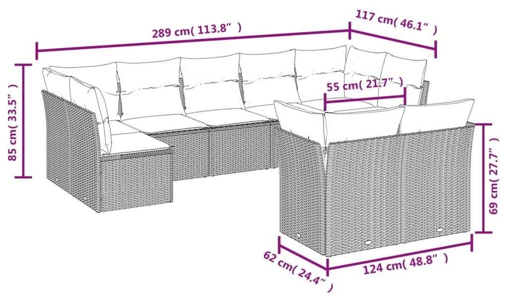 Set divano da giardino 9 pz con cuscini grigio in polyrattan