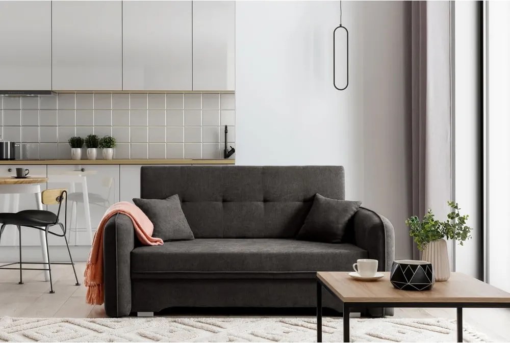 Divano grigio scuro allungabile/con contenitore e rivestimento in ciniglia 155 cm Laine – ELTAP