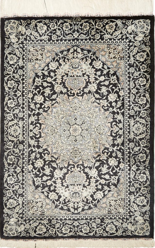 Ghom Tappeto 90x60 Nero (Iran) Annodato A Mano
