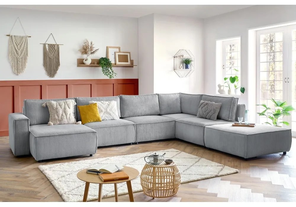 Divano angolare a U in velluto a coste grigio chiaro, angolo destro Nihad modular - Bobochic Paris