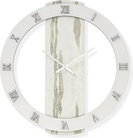 Orologio rotondo D80 cm in legno rivestito con parato e dettagli Argento TYLER